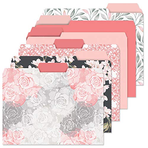 Charcoal & Coral File Folders Value Pack - Set of 24 (6 Designs) 1/3 Cut Staggered Tabs, Bright, Pink Colorful Designs, Office Supplies, Letter Size, 9 ½ x 11 ¾ Inches