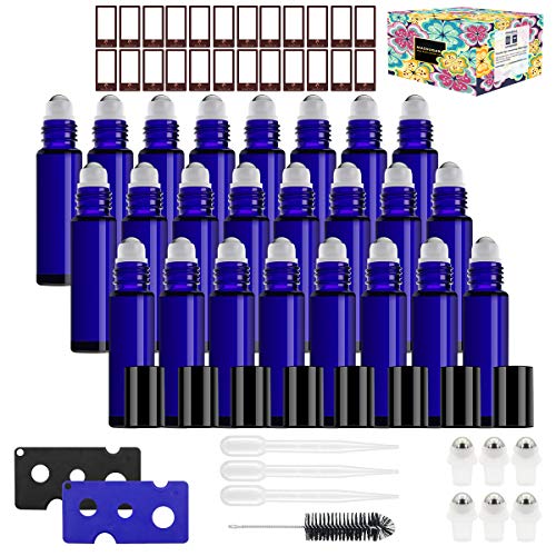 MASSUGAR 24 Pack Essential Oil Glass Roller Bottles 10ml Stainless Steel - 10 ml Cobalt Blue Roller Bottles for Essential Oils (4 Sprays, 24 Labels, 3 Droppers, 6 Extra Roller Balls, 2 Openers)