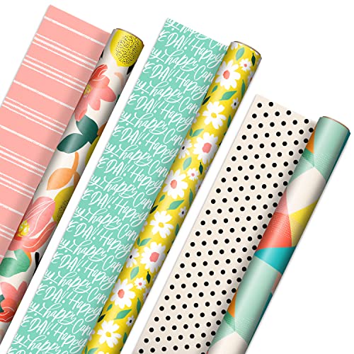 Hallmark Reversible Spring Wrapping Paper (3 Rolls: 75 Sq. Ft. Ttl) Floral, Lemons, Bright Abstract for Easter, Birthdays, Mother's Day, Bridal Showers, Baby Showers