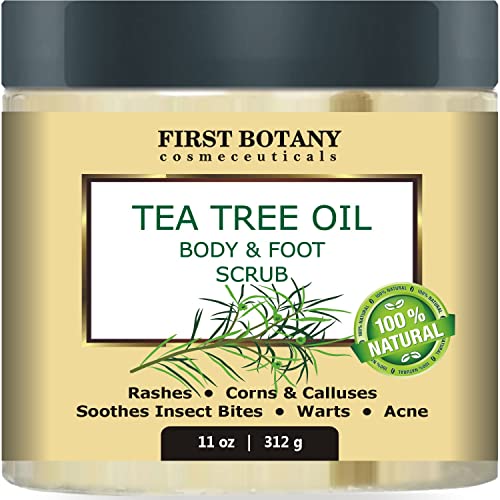 First Botany Cosmeceuticals, 100% Natural Tea Tree Oil Body & Foot Scrub with Salt - Best for Acne, Dandruff and Warts, Helps with Corns, Calluses, Athlete foot, Jock Itch & Body Odor