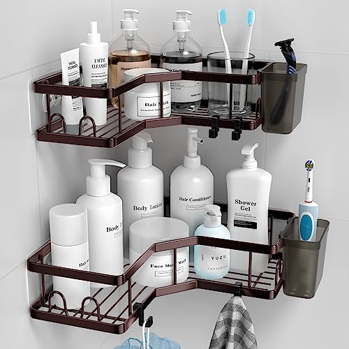 AKTECKE Corner Shower Caddy Organizer - Adhesive Bathroom Shelf with Stainless Steel Hooks, Toothpaste Holder - No Drill Shower Storage Rack Accessories