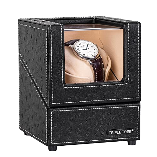 TRIPLE TREE Single Watch Winder Newly Upgraded, with Flexible Plush Pillow, in Wood Shell and Black Leather, Japanese Motor, 4 Rotation Mode Setting, Fit Lady and Man Automatic Watches