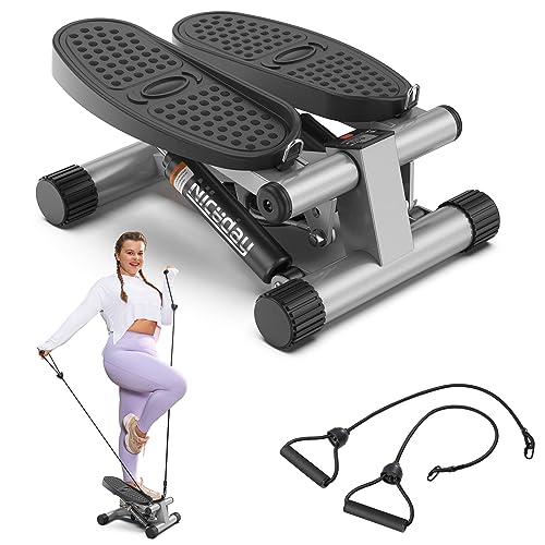 Niceday Steppers for Exercise, Stair Stepper with Resistance Bands, Mini Stepper with 300LBS Loading Capacity, Hydraulic Fitness Stepper with LCD Monitor Silver Gray