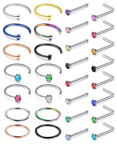 LAURITAMI 18g Nose Rings Surgical Steel Nose Ring Nose Rings Hoops L Shaped Nose Studs Bone Nose Rings Studs Diamond Nose Piercing Jewelry for Women Men