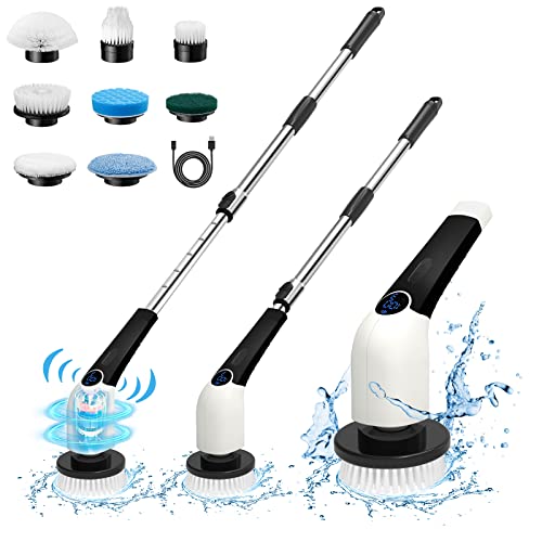 Keimi Electric Spin Scrubber, 2024 New Cordless Voice Prompt Shower Cleaning Brush with 8 Replaceable Brush Heads, 3 Adjustable Speeds, and Adjustable Extension Handle for Bathroom Floor Tile