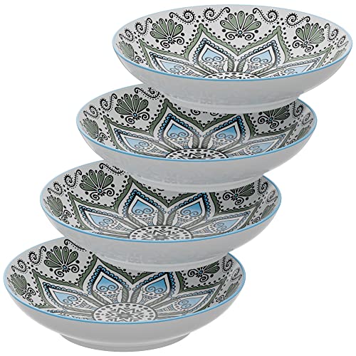 American Atelier Pasta Bowls | Set of 4 | Large, 9-inch, Dinner Serving Plates | Wide and Shallow Bowls Set for Pasta, Salad, Soup, Spaghetti, Stews, or Cereal | Medallion Motif (Blue & White)