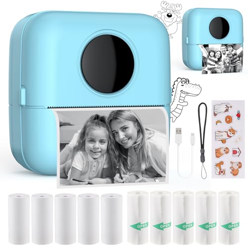 HuiJuKeJi Mini Sticker Printer Pocket Inkless Thermal Printer with 11 Rolls Thermal Paper and Sticker for iOS&Android, Bluetooth Smart Portable Receipt Printer for Photo Journal Notes Memo-Blue