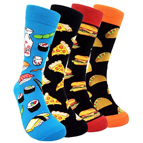 HSELL Mens Fun Patterned Dress Socks Funny Novelty Crazy Design Cotton Socks Gift for Men (4 Pairs - Burger/Sushi/Cheese/Taco)