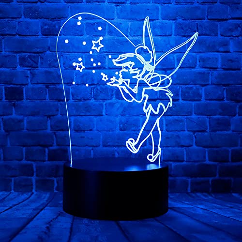 ganaixin Cute Magic Elf Tinker Bell Miss Bell Rare Peter Pan Snowflake Tinkerbell Anime Character 3D LED Sleep Night Light with Remote 7 Colors Bedroom Decor Table Lamp Birthday Xmas Gifts for Kids