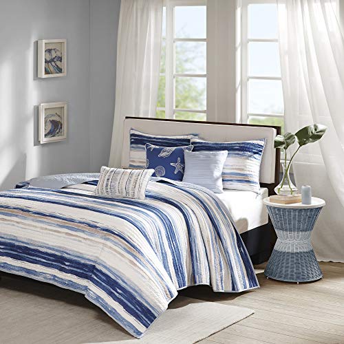 Madison Park Quilt Set Cottage Coastal Design, 6 Piece Set - All Season, Coverlet Bedspread Lightweight Bedding Layer, Shams, Toss Pillows, Full/Queen(90'x90'), Blue/White