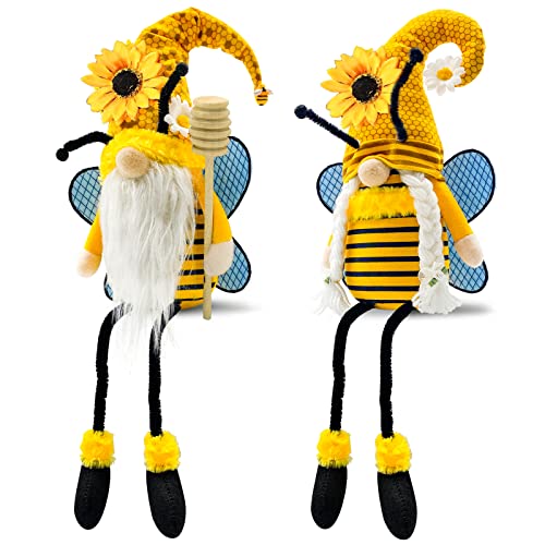 Lovinland Bumble Bee Gnomes with Dangling Leg, Spring Summer Sunflower Honey Bee Gnomes with Honey Dipper for Home Kitchen Shelf World Bee Day Decorations