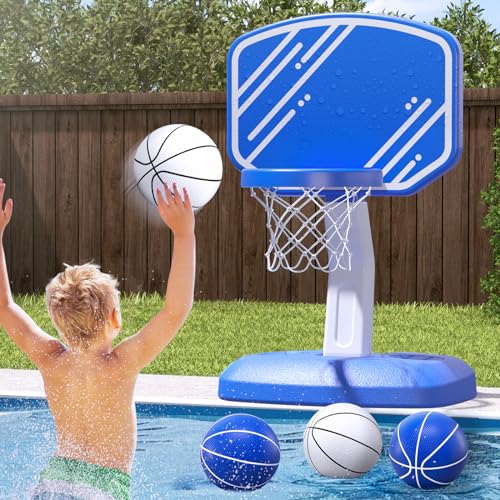 HYES Pool Basketball Hoop Poolside, Pool Toys with Adjustable Height/4 Balls/2 Nets/Pump for Indoor Outdoor, Swimming Pool Summer Water Games Gifts for Kids Boys Girls, Blue