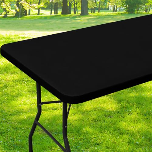 smiry Rectangle Picnic Table Cloth, Waterproof Elastic Fitted Tablecloths for 6 Foot Tables, Washable Polyester Table Cover for Camping, Indoor and Outdoor (Black, 30'x72')