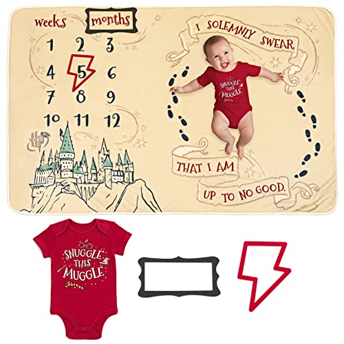 Harry Potter Newborn Baby Boys Bodysuit and Monthly Milestone Blanket 4 Piece Maroon/White 0-3 Months