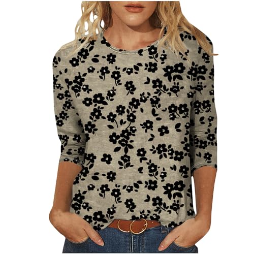 Womens Shirts Trendy 3/4 Sleeve Tunic Tops Casual Crewneck Summer T-Shirts Floral Graphic Tees Stretchy Lounge Blouses Beige