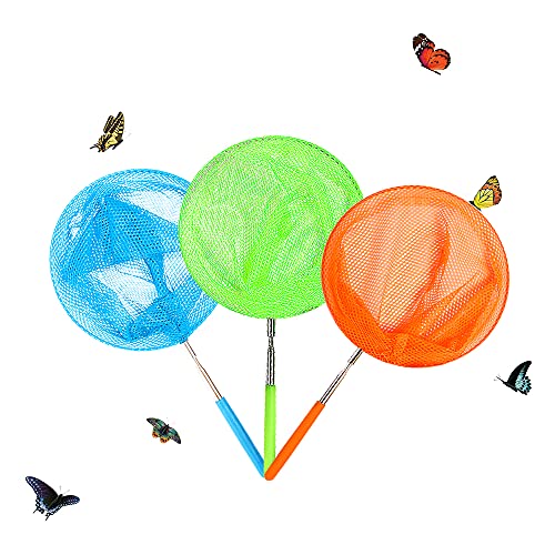 Skrtuan Kids Telescopic Butterfly Fishing Nets Great for Catching Insect Net Perfect Outdoor Tools for Catching Bugs Fish Insect Ladybird, Extendable 34 Inches and Anti Slip Grip (3 Pack)