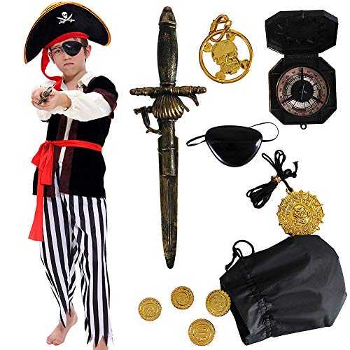 Pirate Costume Kids Deluxe Costume Pirate Sword Compass Earring Purse Coins Medallion Pirate Accessories for Halloween Party