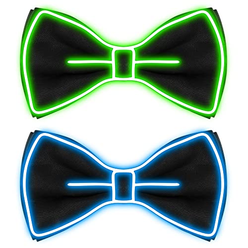 Hercicy Light up Bow Tie for Men LED Neon Bowtie Funny Ties Kids Boys Girls Women Glow in the Dark Party Costume (2, Fluorescent Green, Blue)