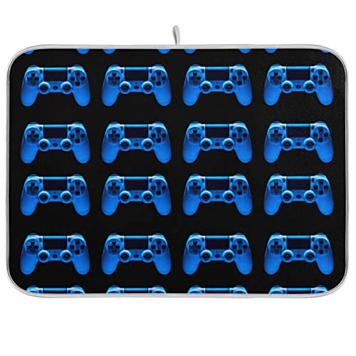 Video Game Joystick Gamepad in Blue Neon Lights Isolated on Black Dish Drying Mat for Kitchen Absorbent Microfiber Pad Heat-resistant Drainer Mats Countertops Sinks Protector 16'x18'