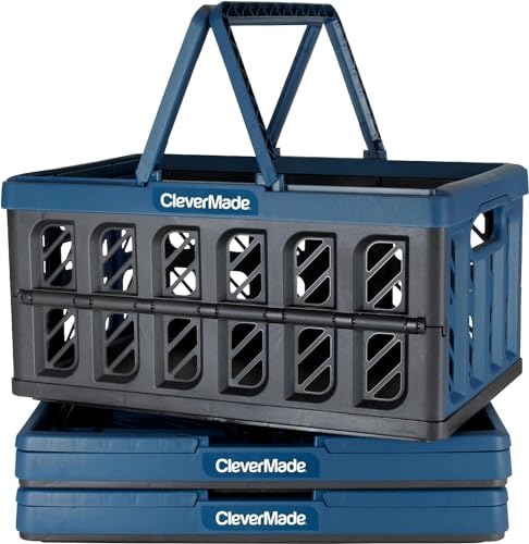 CleverMade Collapsible Shopping Basket, Ocean, 3PK - 24L (6 Gal) Reusable Plastic Grocery Shopping Baskets, Holds 25lbs Per Basket - Small Foldable Storage Crates with Handles