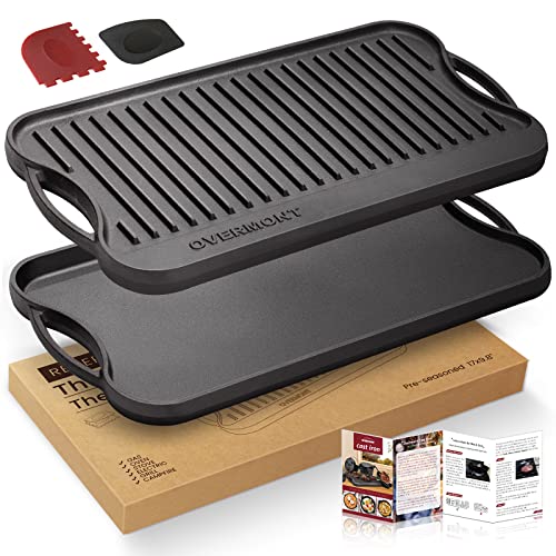 Overmont Pre-seasoned 17x9.8' Cast Iron Reversible Griddle Grill Pan with handles for Gas Stovetop Open Fire Oven, One tray, Scrapers Included