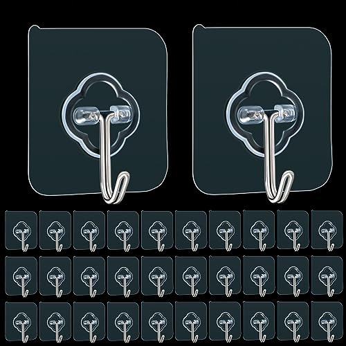 Adhesive Hooks, 32 Pack 33lb(Max) Sticky Hooks, Transparent Reusable Removable Adhesive Hooks for Hanging, Wall Hooks for Hanging Can be Use for Kitchen Bathroom Shower Outdoor Home Improvement