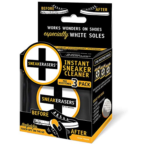 SneakERASERS Instant Sneaker Cleaner Sponge, Effective Shoe Cleaning Kit for White Sneakers, Tennis Shoes - Pre-Moistened, Portable Shoe Cleaner, Perfect for Smooth Soles and Midsoles, 3 Pack