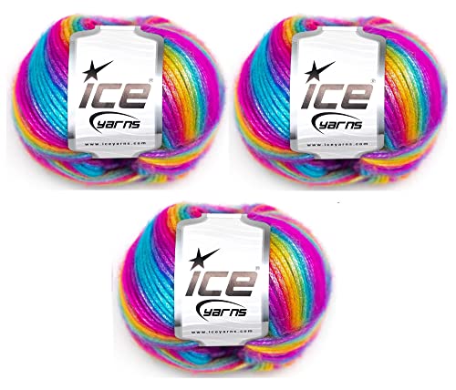 Ice Yarns Picasso Rainbow (3-Piece Pack) Blue, Purple, Green, Yellow, Orange, Pink Fuzzy with Subtle Sheen Yarn 44% Acrylic, 56% Polyester (3x1.76 Oz),(3x125 yds)