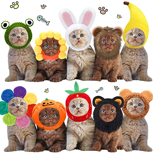 10 Pcs Cat Hat Cat Costumes Bunny Bear Lion Fruit Shaped Hat Adjustable Accessory Headwear for Cat Small Dog Kitten Puppy Pet Festival Birthday Theme Party Photo Prop