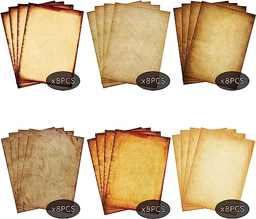 Stationary Paper 48 Pack Parchment Antique Colored Printed Paper, Stationery Vintage Letter Writting Paper for Craft, Invitations, Map, 8.5 X 11 Inch