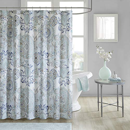 Madison Park Isla 100% Cotton Percale Shower Curtain, Floral Medallion Boho Printed Watercolor Cute Modern Home Bathroom Decor, Bathtub Privacy Screen, 72' x 72', Blue