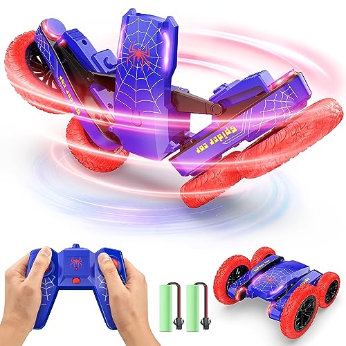 DEERC Spider Remote Control Car - Double Sided Mini RC Stunt Car, 360°Rotating 4WD Off-Road RC Cars with Headlights 2.4Ghz Indoor/Outdoor Rechargeable Toy Car for Boys Age 4-7 8-12 Birthday Xmas Gift