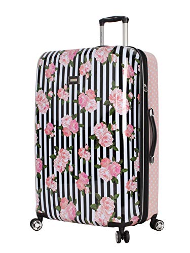 Betsey Johnson 30 Inch Checked Luggage Collection - Expandable Scratch Resistant (ABS + PC) Hardside Suitcase - Designer Lightweight Bag with 8-Rolling Spinner Wheels (Stripe Roses, 30in)