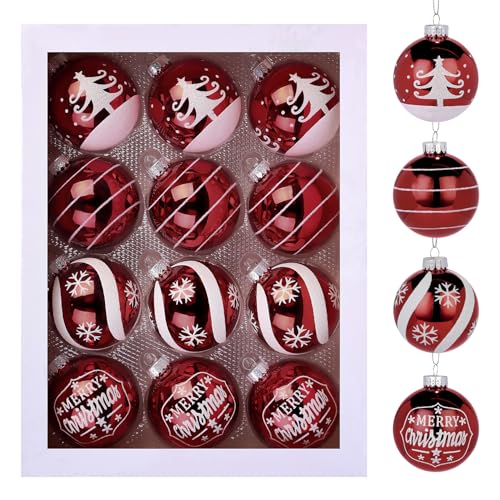 Alupssuc 12Pcs Glass Christmas Ball Ornaments, 2.64'/67mm, Perfect Christmas Ornaments Set, 4 Styles Christmas tree Decorations with Hanging Loop for Holiday, Wreath, and Party Home Decor, Red & White