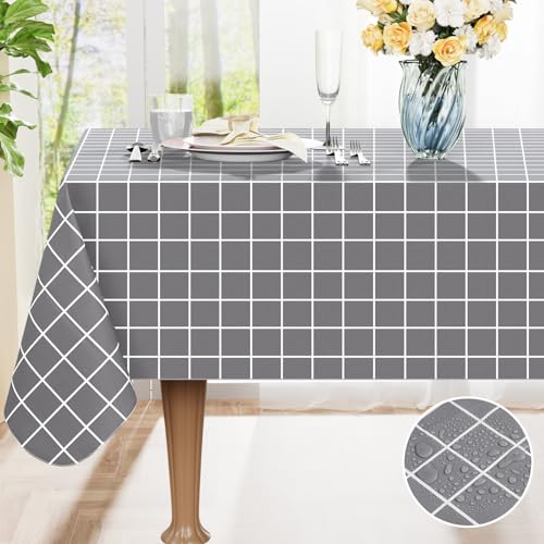 Spotjoy Rectangle Table Cloth, Waterproof Vinyl Tablecloths with Flannel Backing, Wipeable Plastic Plaid Table Cover for Dining, Picnic, Indoor and Outdoor (52' x 70', Grey)