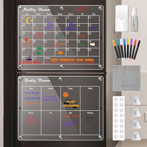 Acrylic Magnetic Calendar for Fridge and Wall, 16”x12” Monthly and Weekly Dry Erase Board with 8 Markers and Free Accessories (2 Pack)
