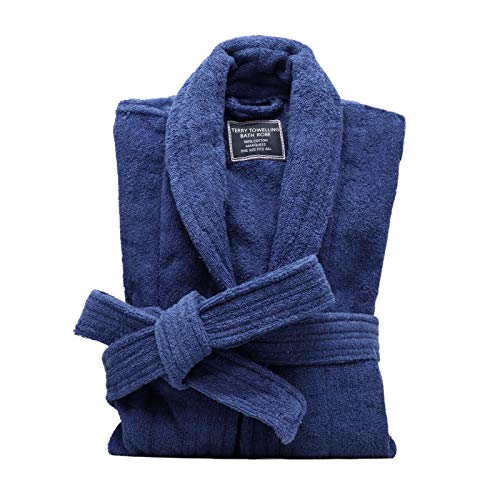 Marquess All-Cotton Bathrobe Thick Plush Cloth Housecoat Terry Toweling, Sweat Steaming Clothes Comfortable & Warm (Navy Blue)