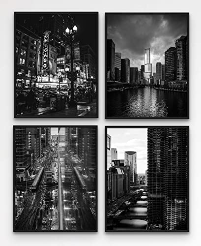 Chicago Skyline Wall Art, Chicago Wall Art, Chicago Skyline Print, Chicago Decor, Chicago City Pictures for Wall, Chicago Street Map, Chicago Skyline Wall (8x10 B&W Unframed)