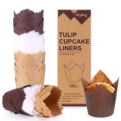 200PCS Tulip Cupcake Liners, Upgrade Parchment Paper Muffin Liners for Baking, Cupcake Wrapper for Party, Wedding, Birthday, Standard Size, Natural White Brown