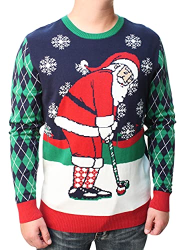 The Ugly Sweater Co. Mens Sports Golf Sports Ugly Christmas Sweater for Holiday Fun Design, Snug Fit Breathable Crewneck (Moonlight Winter Golf Santa, Large)