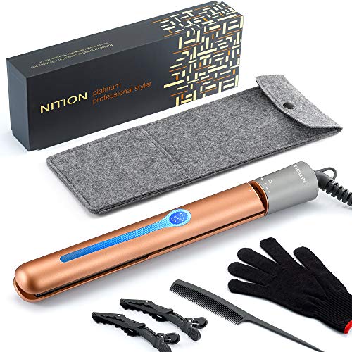 NITION Ceramic Tourmaline Flat Iron for Hair LCD Hair Straighteners MCH Fast Straightening. Healthy Styling 265-450°F 6-Temps Adjustable for All Hair Type. 2-in-1 Curling Iron. 1' Heating Plate. Gold