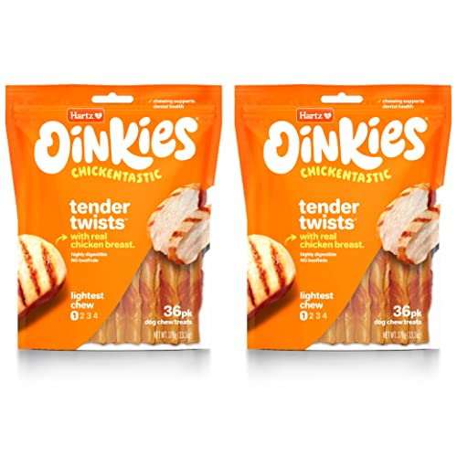 Hartz Oinkies Rawhide-Free Tender Treats Wrapped with Chicken Dog Treats Chews, Highly Digestible, No Artificial Flavors, Perfect for Smaller and Senior Dogs, 36 Count (Pack of 2)