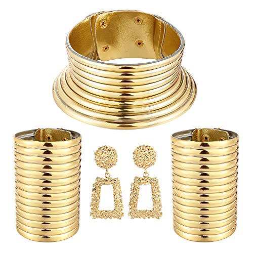 sailimue 4pcs African National Jewelry for Women African Egyptian Choker Collars Gold Chunky Statement Leather Necklace Bangle Bracelet Earring Jewelry Set, MQI-SAIS-SS29-Africa