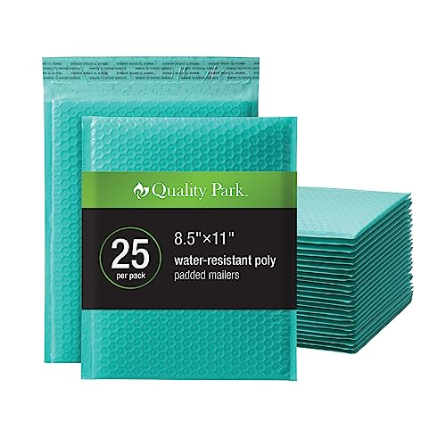 Quality Park Bubble Mailers, 8.5 x 11 Inch, Teal Poly Mailers, Padded Envelopes, Shipping Envelopes, Water Resistant, Self Seal, 25 Per Box (QUA8560)