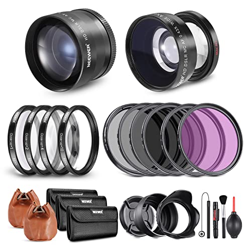 NEEWER 52mm Lens and Filter Set: Wide Angle/2.2X Telephoto Additional Lens for 18mm-85mm APS-C Lens, (+1+2+4+10) Close Up Macro/ND/UV/CPL/FLD Filters for Camera Lens with 52mm Thread