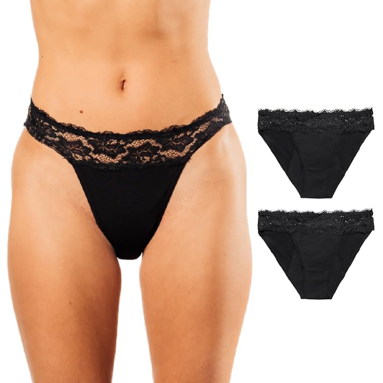Bambody Absorbent Bikini: Lace Hip Period Panties | Women's Protective Underwear - 2 Pack: Black - Size 8