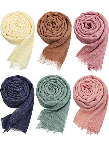 Geyoga 6 Pcs Women Scarf Shawl Hijab Scarfs Cotton Blend Crinkle Scarf Wrap Head Scarf for Seasons (Stylish Colors)