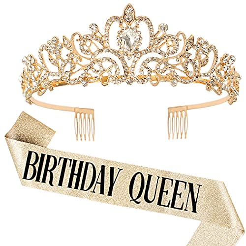 'Birthday Queen' Sash & Rhinestone Tiara Set COCIDE Silver for Women Birthday Decoration Kit Headband for Girl Glitter Crystal Hair Accessories for Party Cake Topper