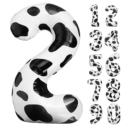 LEBERY Cow Print Balloons 40 Inch Cow Print Number 2 Balloon Big Number 2 Balloon Moo Moo Im Two Birthday Decorations Cowgirl Theme Number Balloon for 2nd Birthday Farm Barn Animal Party Decor