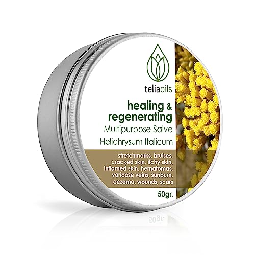 Teliaoils Helichrysum Italicum Multipurpose Salve | Helichrysum Oil | Soothing & Hydrating Relieving Balm | Irritated Skin, Stretch Marks, Varicose Veins & Wrinkles | Adults & Kids | 1.7oz/ 50gr |
